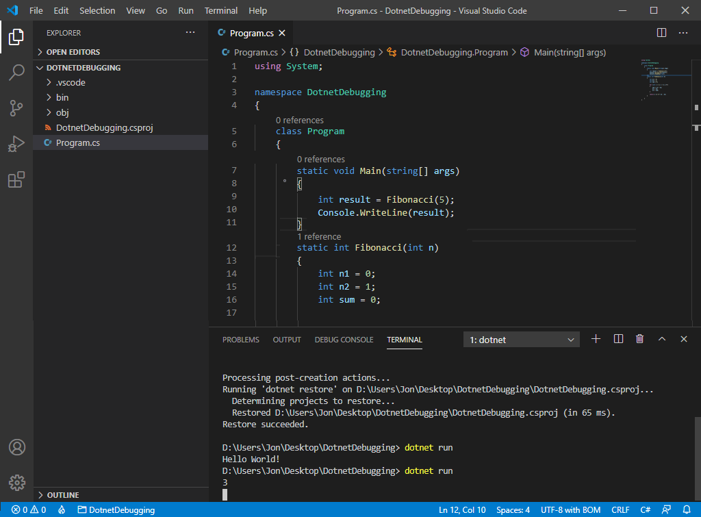 Finestra del terminale con l'output del programma modificato.