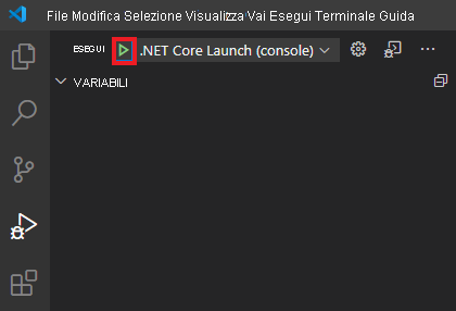 Screenshot del pulsante Avvia debug in Visual Studio Code.