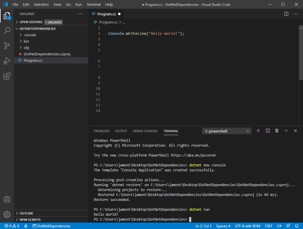 Screenshot di Visual Studio Code con una nuova applicazione console.