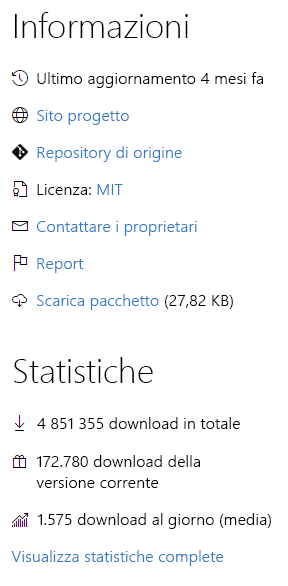 Screenshot delle informazioni e delle metriche su un pacchetto NuGet.