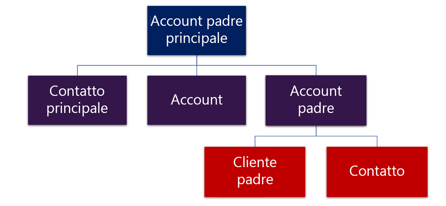 Diagramma che spiega la gerarchia dei contatti dell'account in Dynamics 365.