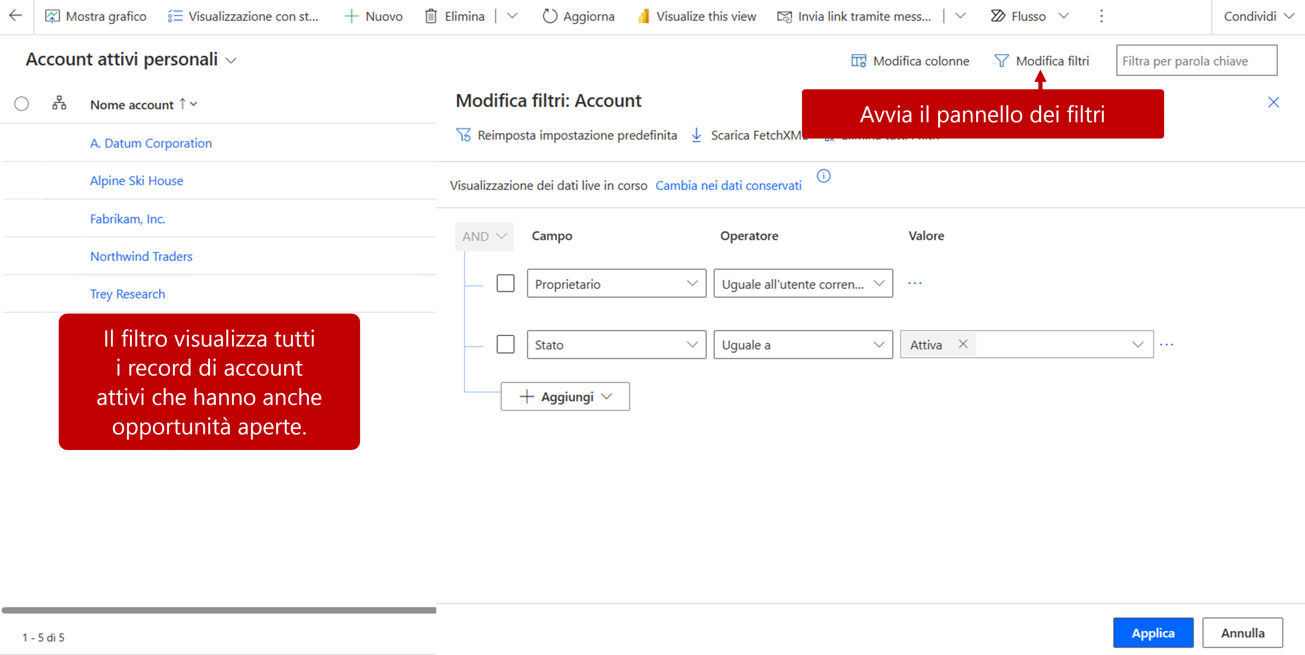 Screenshot che mostra l'uso della funzionalità Modifica filtro.