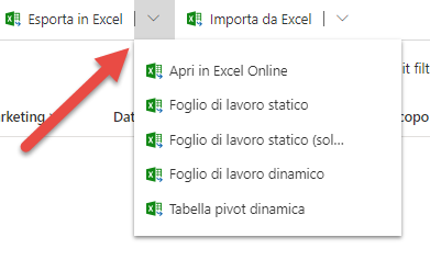 Screenshot della schermata Esporta in Excel Online.