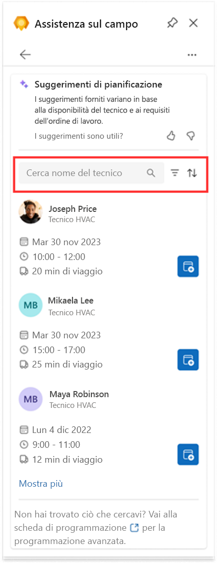 Screenshot della schermata su come pianificare un tecnico per un ordine di lavoro direttamente da Outlook.