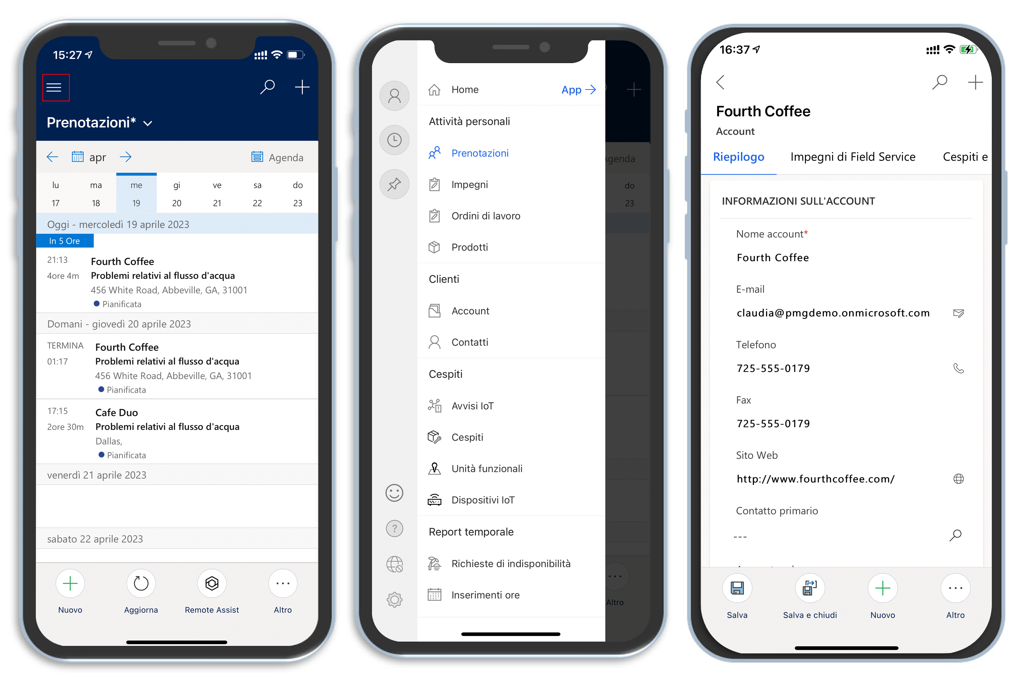 Screenshot delle schermate Prenotazioni, Attività personali e Account nell'app per dispositivi mobili Dynamics 365.