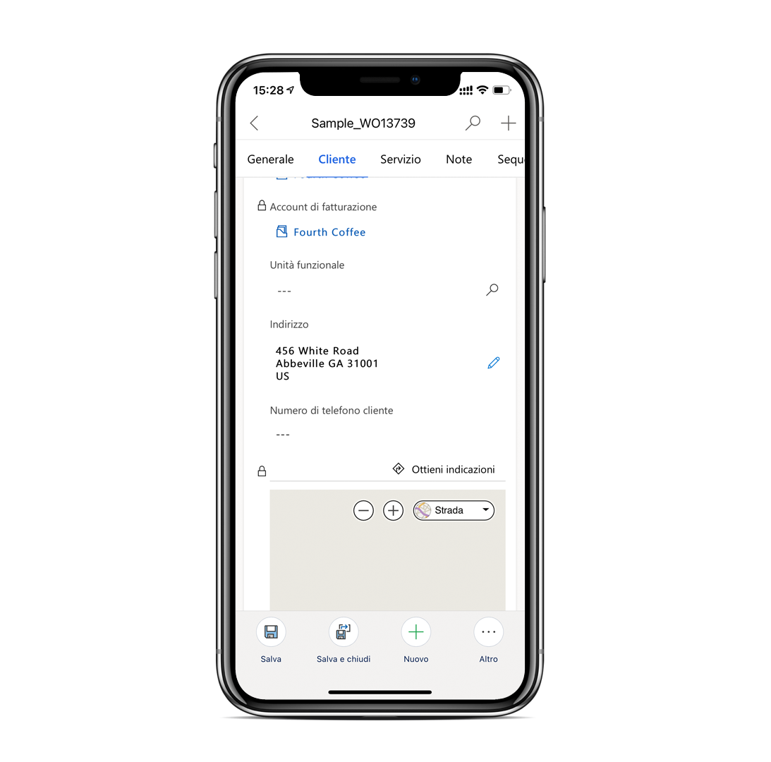 Screenshot delle informazioni sull'ubicazione nell'app per dispositivi mobili Dynamics 365, inclusi indirizzo e mappa.
