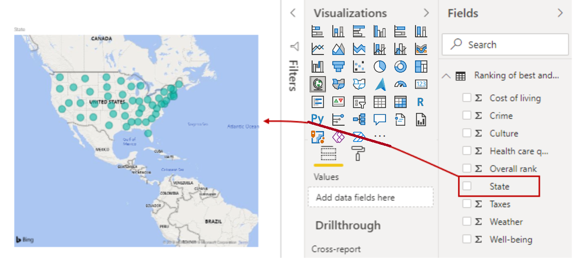 Trascinare un campo nell'area di disegno della visualizzazione Report per creare un oggetto visivo.