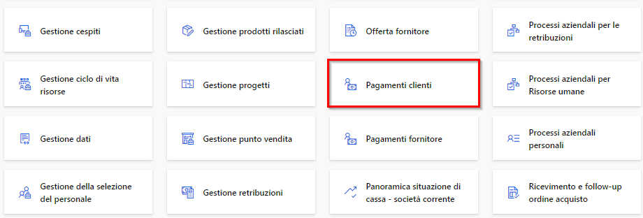 Screenshot della home page con evidenziato il riquadro Pagamenti clienti.