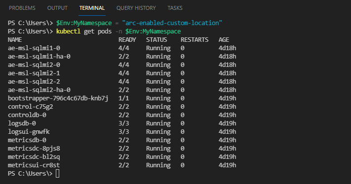 Screenshot dei risultati kubectl dei pod a disponibilità elevata del livello per utilizzo generico dell’Istanza gestita SQL per questo spazio dei nomi.