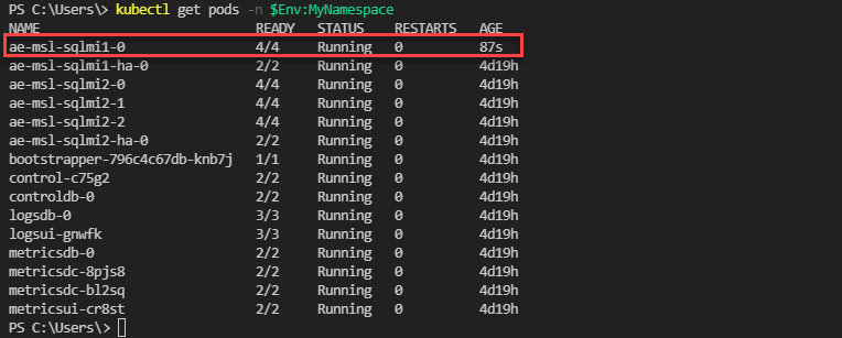 Screenshot dei pod a disponibilità elevata del livello per utilizzo generico dell’Istanza gestita di SQL 4.