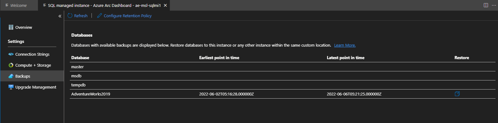 Screenshot dei punti di ripristino temporizzati dell'Istanza gestita di SQL abilitata per Arc.