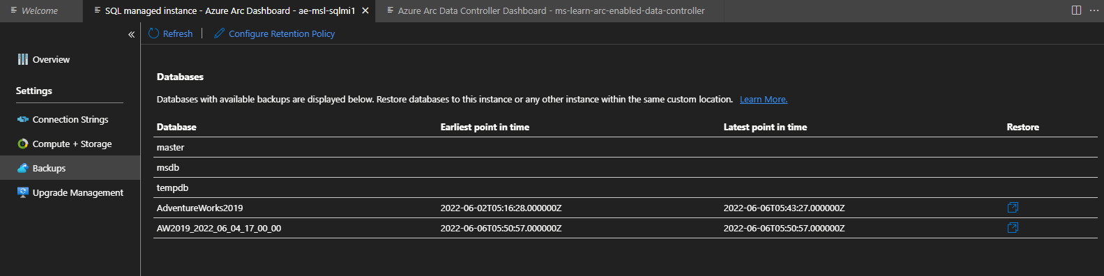 Screenshot della GUI di ripristino temporizzato dell'Istanza gestita di SQL abilitata per Arc.