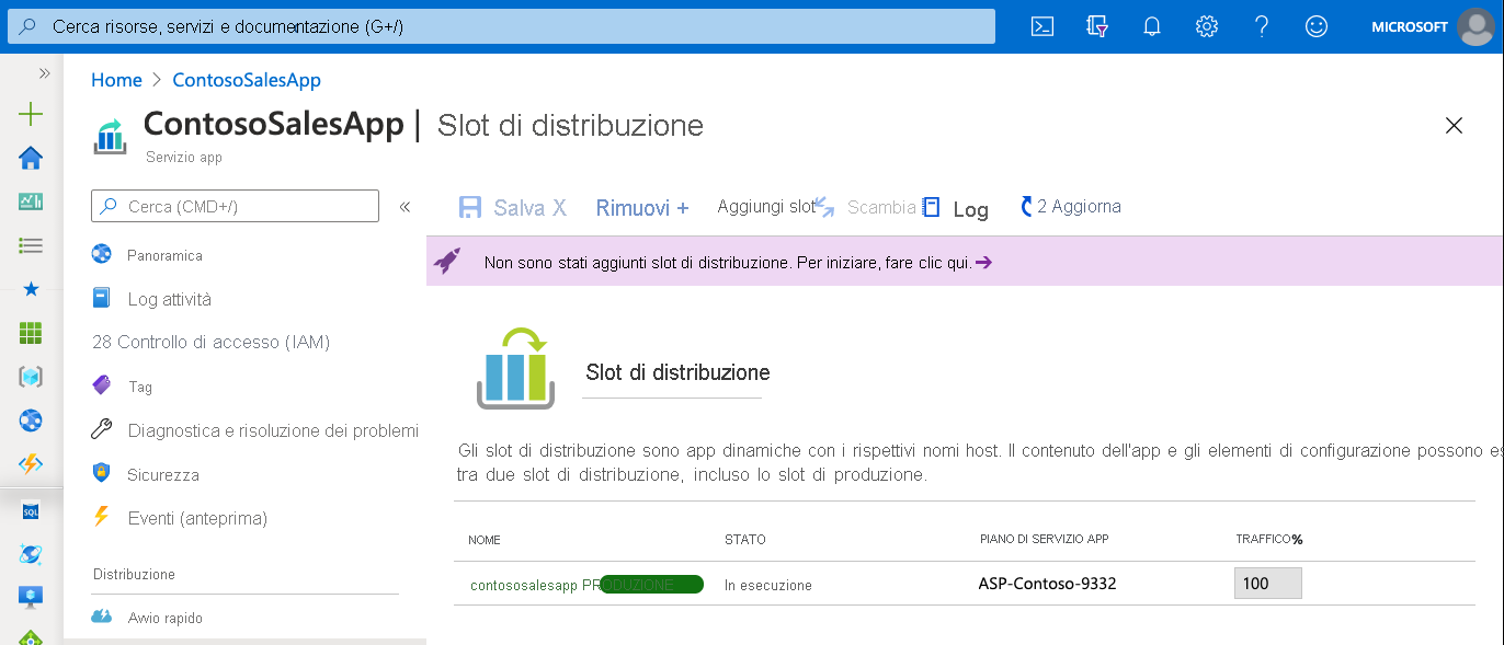 Screenshot dello slot di distribuzione di staging per verificare le distribuzioni.