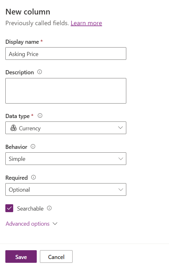 Screenshot della schermata Nuova colonna configurata in base alle istruzioni nel passaggio 10.