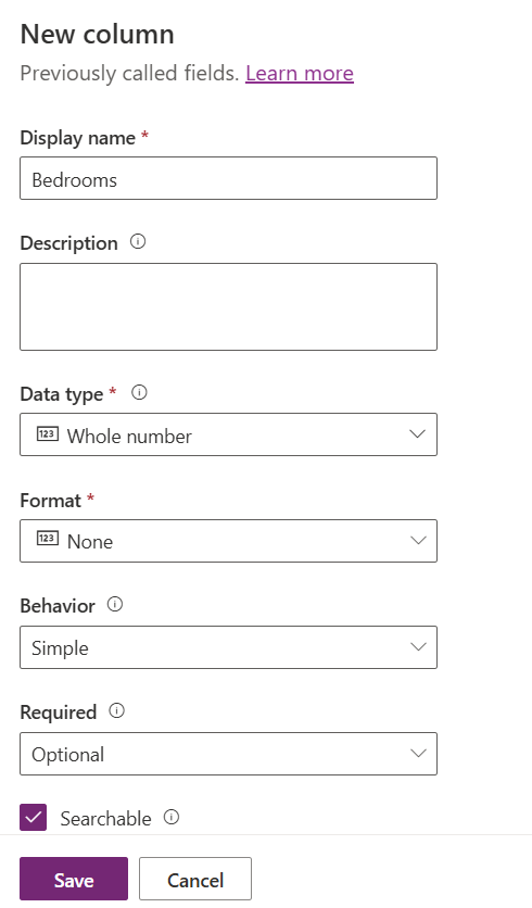 Screenshot della schermata Nuova colonna configurata in base alle istruzioni nel passaggio 13.