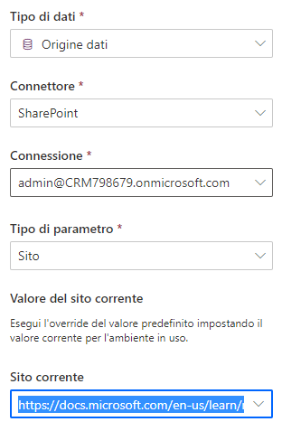 Screenshot dell'impostazione di una variabile di ambiente di tipo origine dati.