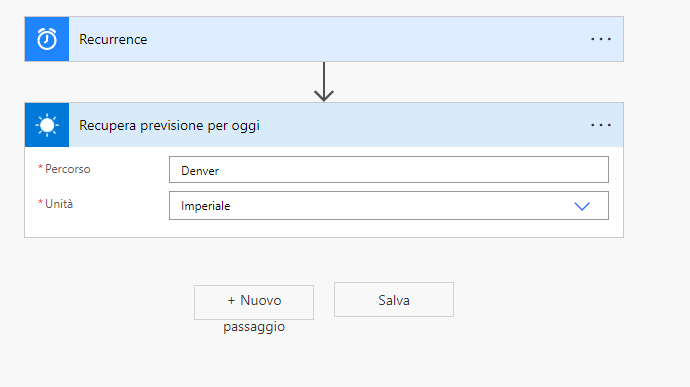 Screenshot del passaggio del flusso Recupera previsione per oggi.