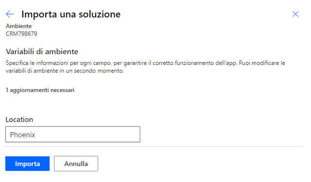 Screenshot della finestra di dialogo Importa una soluzione in cui Phoenix è specificata come località.