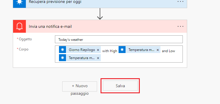 Screenshot del passaggio del flusso Invia una notifica di posta elettronica con il pulsante Salva evidenziato.