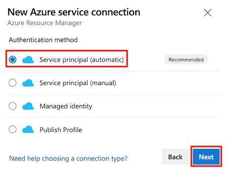 Screenshot di Azure DevOps che mostra l'opzione per l'entità servizio.