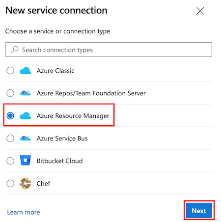 Screenshot di Azure DevOps che mostra il tipo di connessione al servizio Azure Resource Manager.