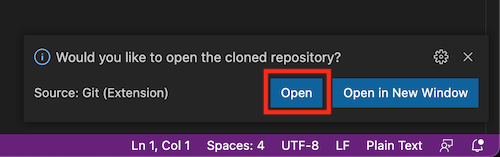 Screenshot di Visual Studio Code che mostra la richiesta di aprire il repository clonato con il pulsante Apri evidenziato.