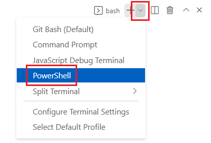 Screenshot della finestra del terminale di Visual Studio Code, con l'elenco a discesa della shell del terminale visualizzato e PowerShell selezionato.