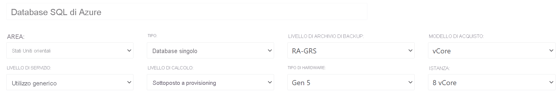 Screenshot of SQL instance options in pricing calculator depicting the region for hosting, the type (single or elastic pool), and the service tier among the options available.