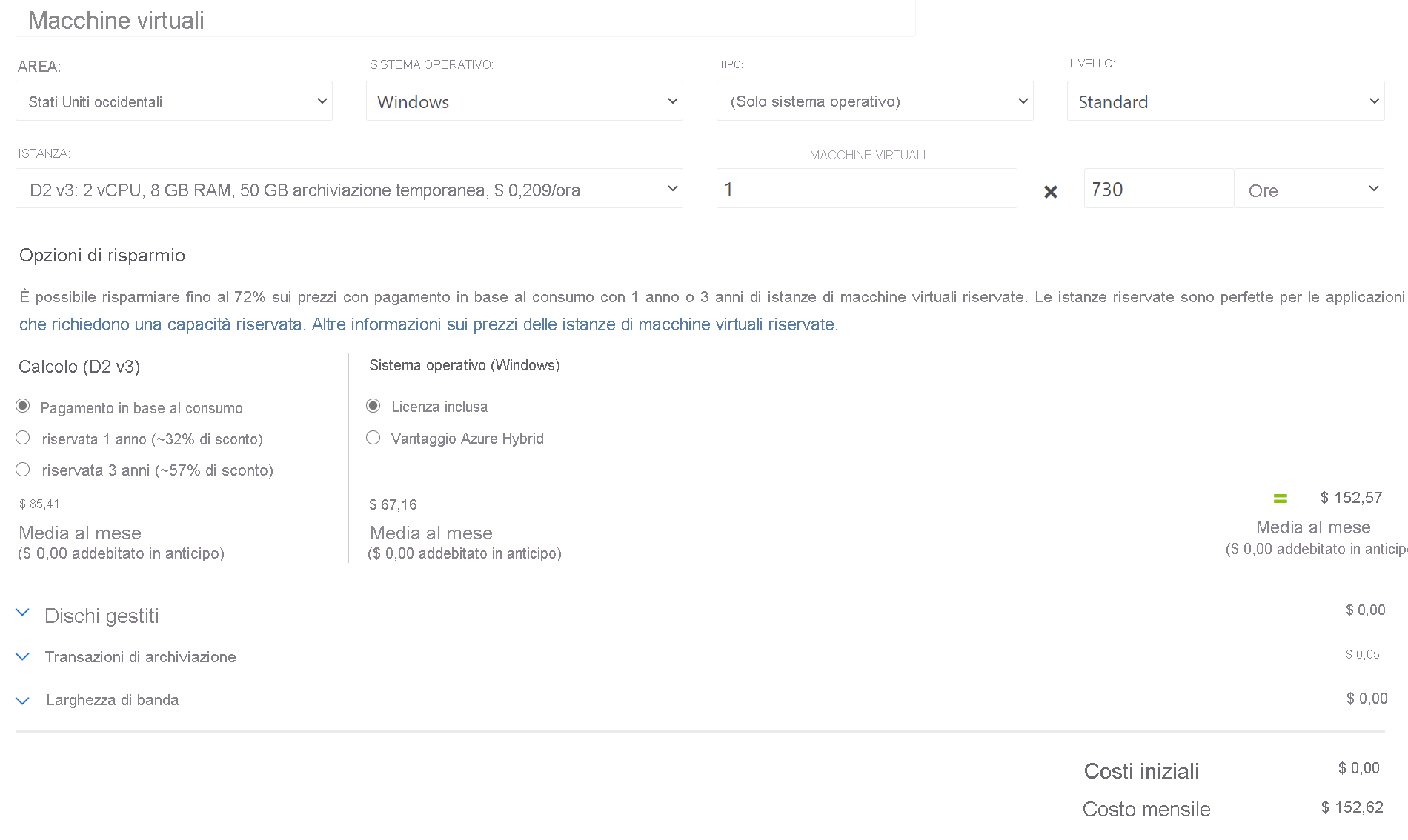 Screenshot of the pricing calculator depicting cost of VM with configured parameters.