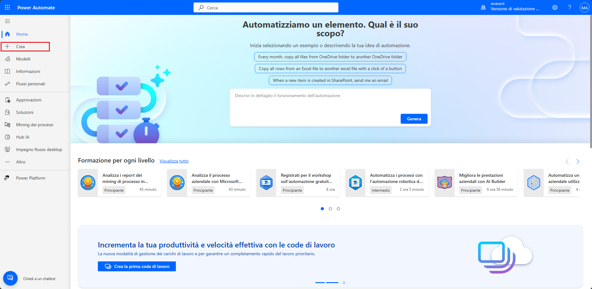 Screenshot di Power Automate Maker Portal con il pulsante + Crea evidenziato.