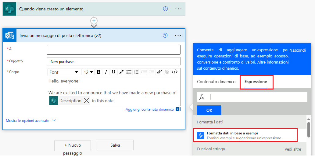 Screenshot di Power Automate che suggerisce le espressioni per l'output desiderato.