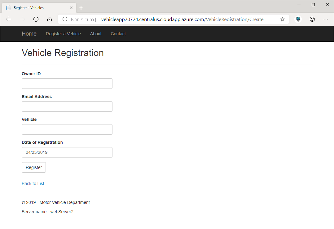 Screenshot che mostra un'app Web di registrazione dei veicoli.