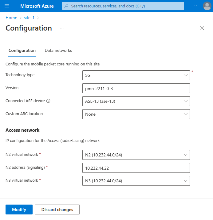 Screenshot che mostra un esempio della schermata della configurazione di packet core.