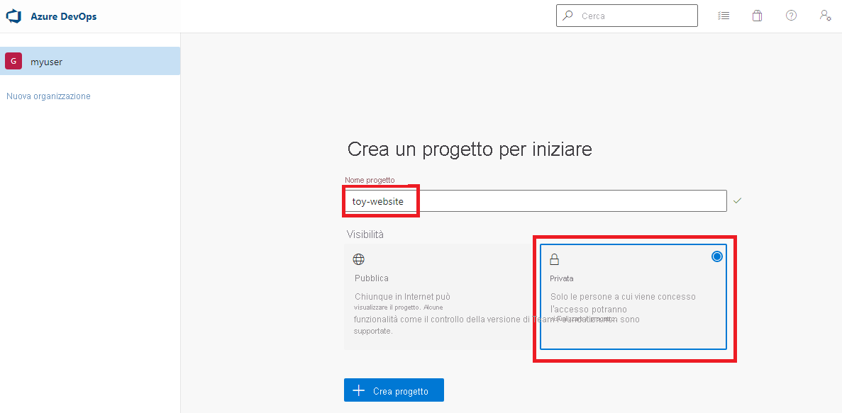 Screenshot dell'interfaccia di Azure DevOps che mostra la configurazione per il progetto da creare.