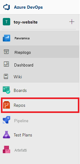 Screenshot dell'interfaccia di Azure DevOps che mostra il menu nella pagina del progetto, con la voce Repos evidenziata.