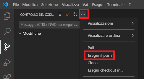 Screenshot di Visual Studio Code con il menu Controllo del codice sorgente e la voce di menu Push evidenziata.