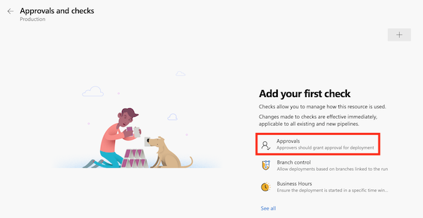 Screenshot dell'interfaccia di Azure DevOps che mostra la pagina per aggiungere un controllo e la voce Approvazioni.