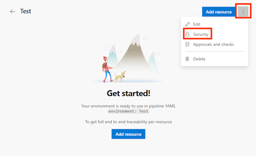 Screenshot della pagina Azure DevOps per un ambiente denominato Test, con il menu Altre azioni visualizzato e la voce Sicurezza evidenziata.