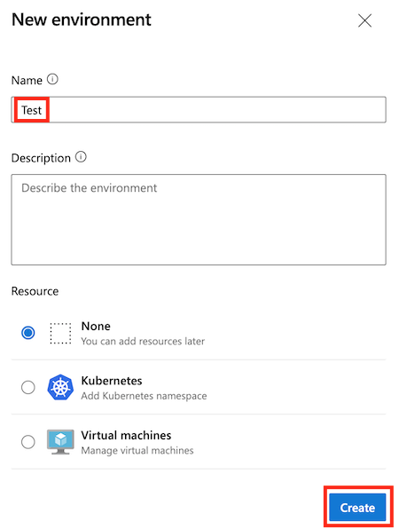 Screenshot della pagina Azure DevOps per un nuovo ambiente denominato Test, con i dettagli compilati e il pulsante Crea.