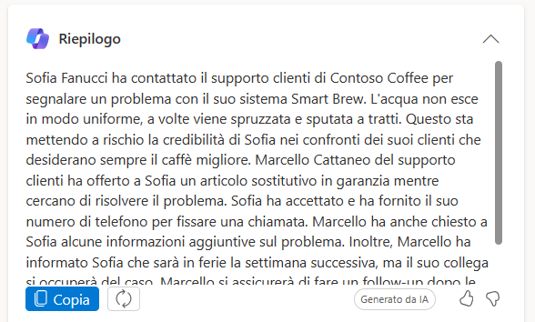 Screenshot di un riepilogo di un caso in Copilot.