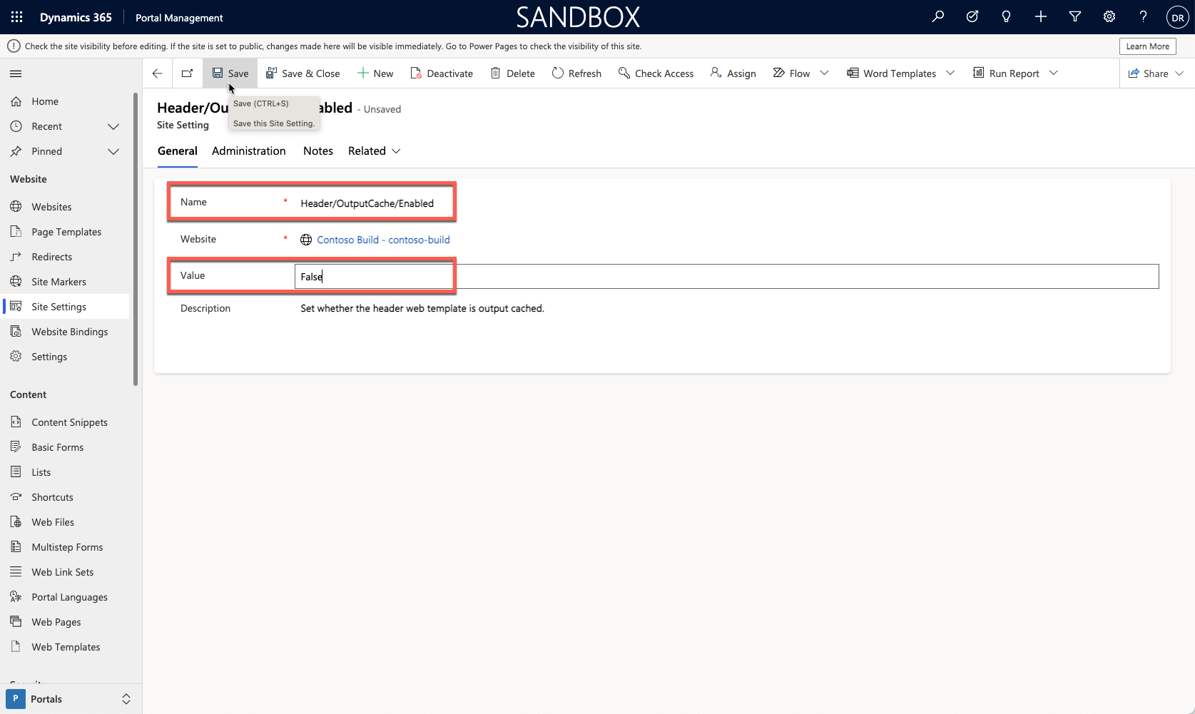 Screenshot di header/output/cache disabilitata con la casella Valore aggiornata a False e il pulsante Salva evidenziato.