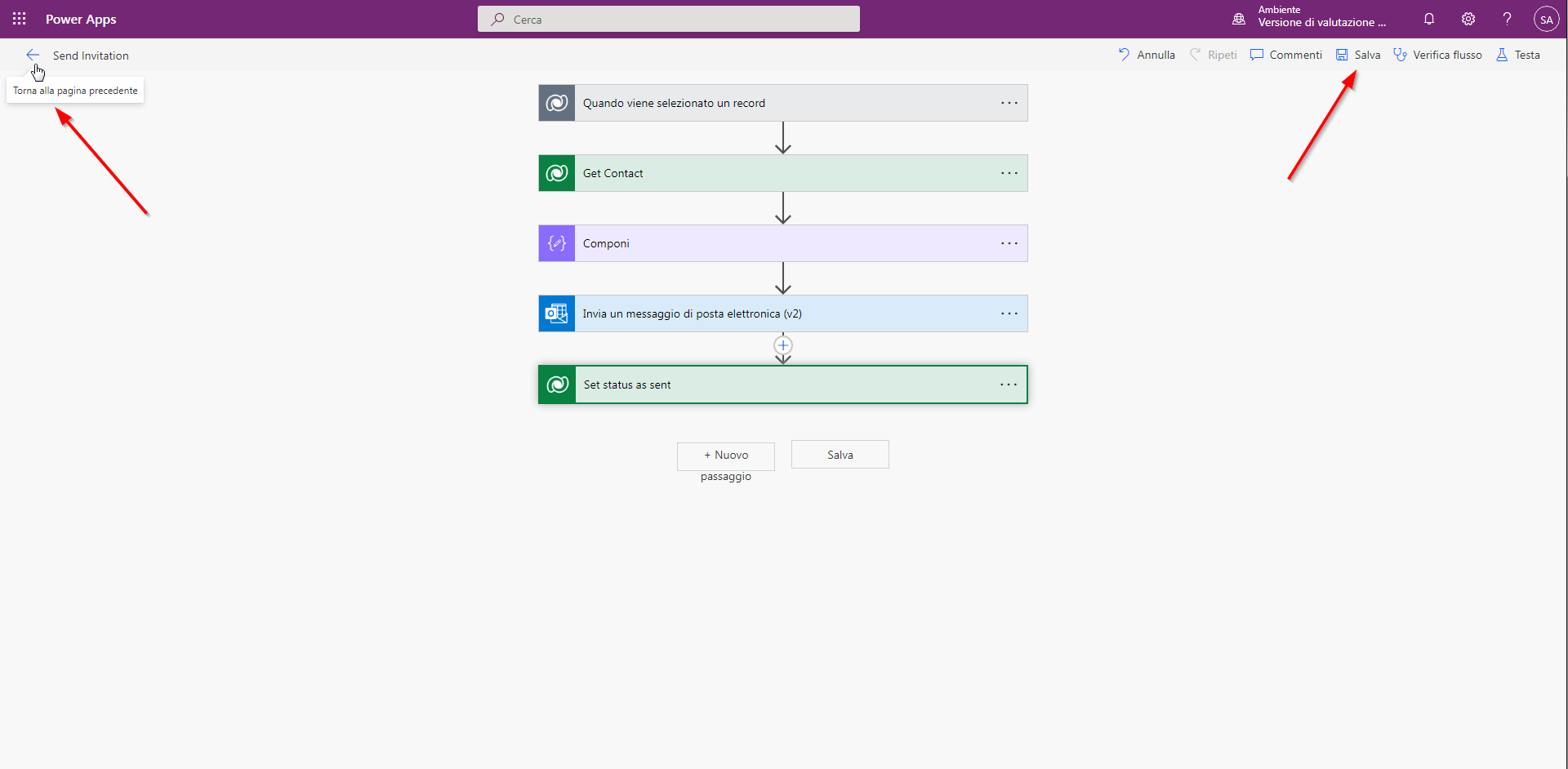 Screenshot del passaggio di salvataggio e uscita dal passaggio nell'editor dei flussi.
