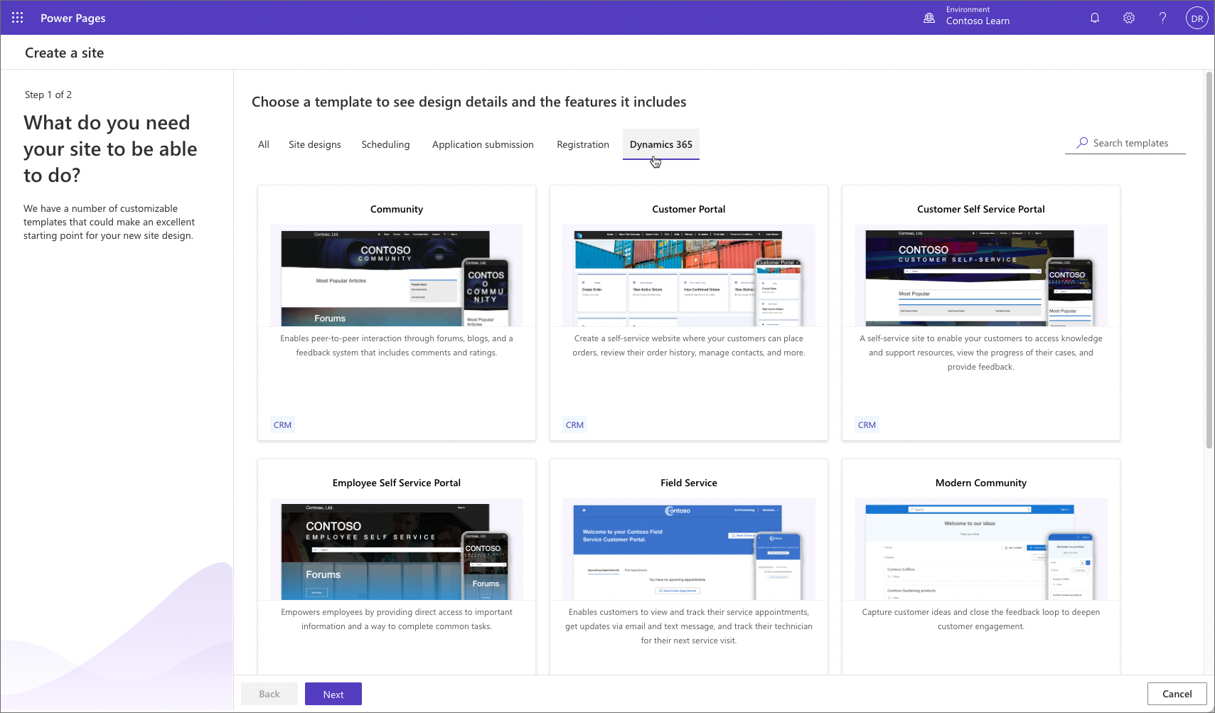 Screenshot dei modelli di portale Dynamics 365 in Power Pages.