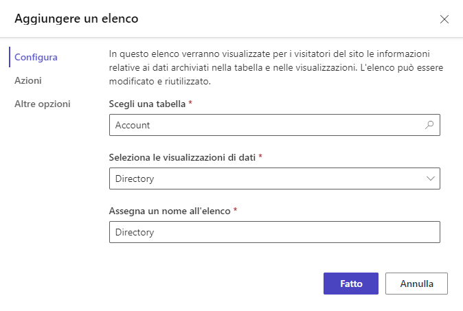 Screenshot della finestra di dialogo di creazione dell'elenco con la tabella Account e la visualizzazione Directory selezionate.