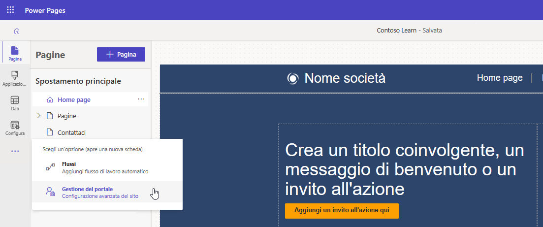 Screenshot dell'accesso a Gestione del portale dallo studio di progettazione di Power Pages.