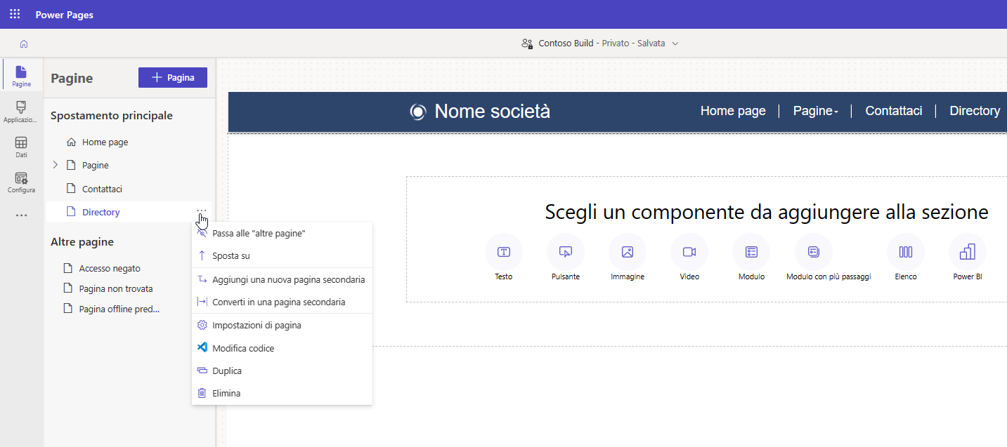 Screenshot del riquadro di spostamento di gestione delle pagine dopo il salvataggio della pagina.