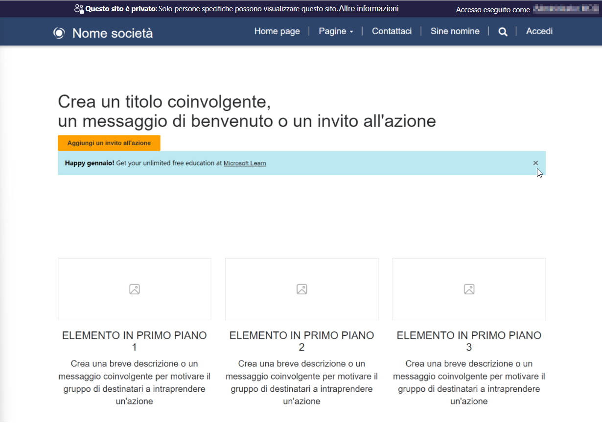 Screenshot di una pagina di Power Pages che mostra vari contenuti bootstrap.