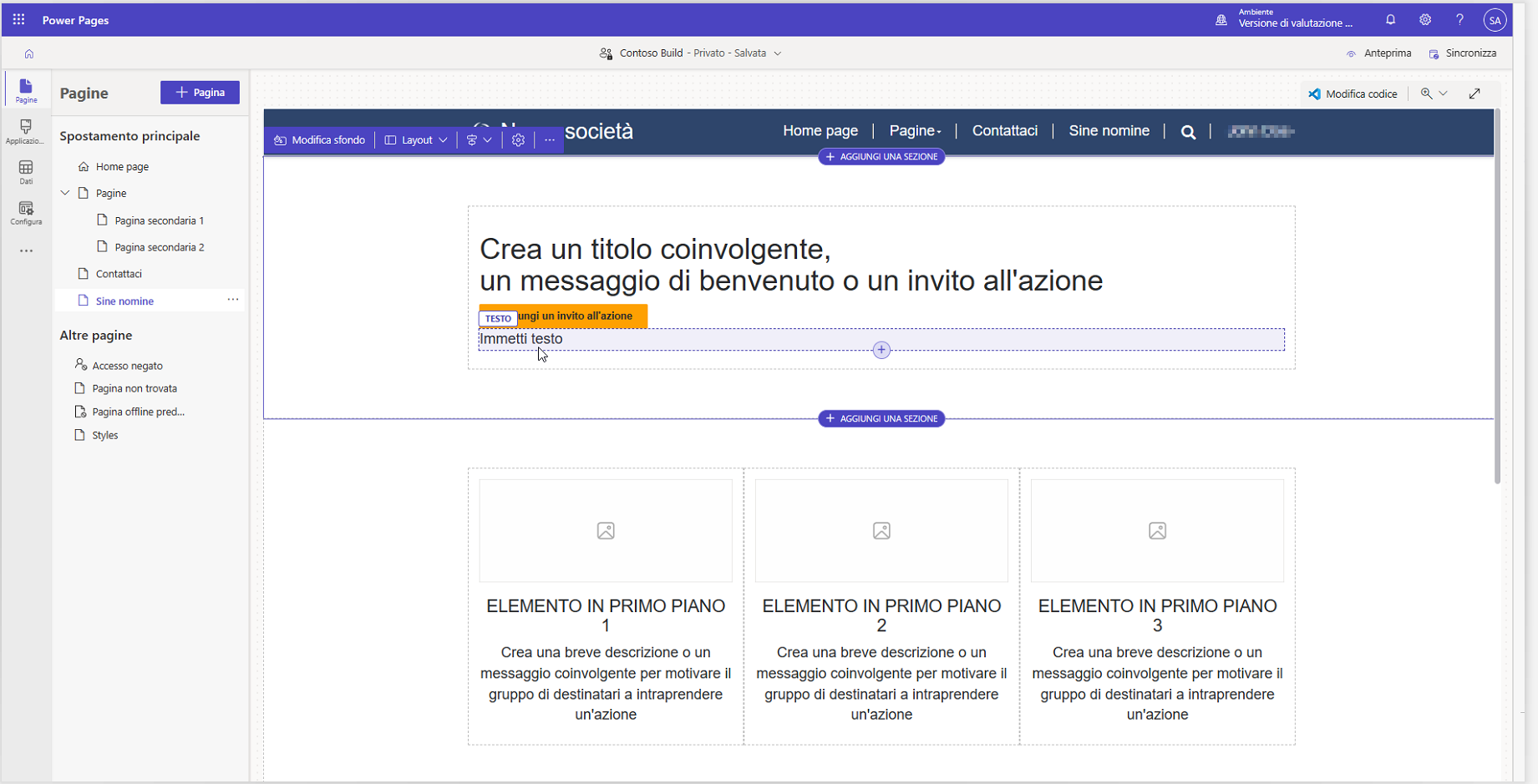 Screenshot del testo del segnaposto per il contenuto personalizzato.