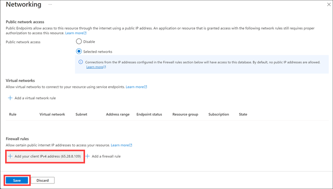 Screenshot del portale di Azure che mostra il riquadro Impostazioni firewall di un database SQL con il pulsante Aggiungi IP client evidenziato.