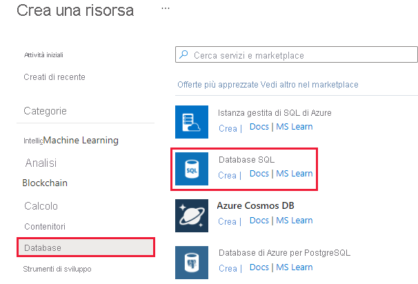 Screenshot che mostra il pannello Crea una risorsa con Database nel menu e il servizio di risorse Database SQL evidenziato.